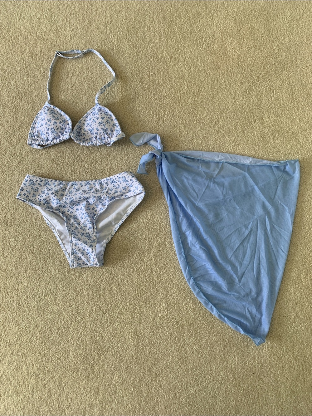 Light Blue Floral Bikini Set with Blue Sarong